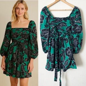 Caroline Constas XS Green floral print balloon sleeve smocked mini dress